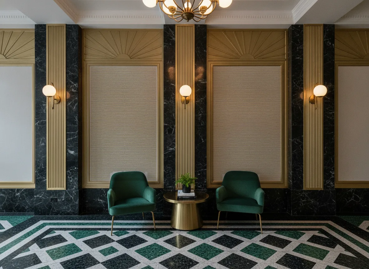 Zostera — Lobby art deco — kwatery między mosiężnymi pilastrami