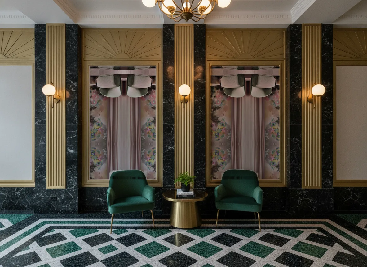 Akwarelowy portret kobiety — Lobby art deco — kwatery między mosiężnymi pilastrami