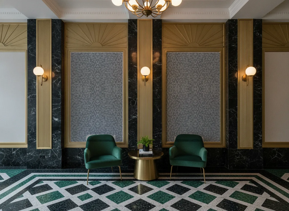 Drobne heksagony — Lobby art deco — kwatery między mosiężnymi pilastrami