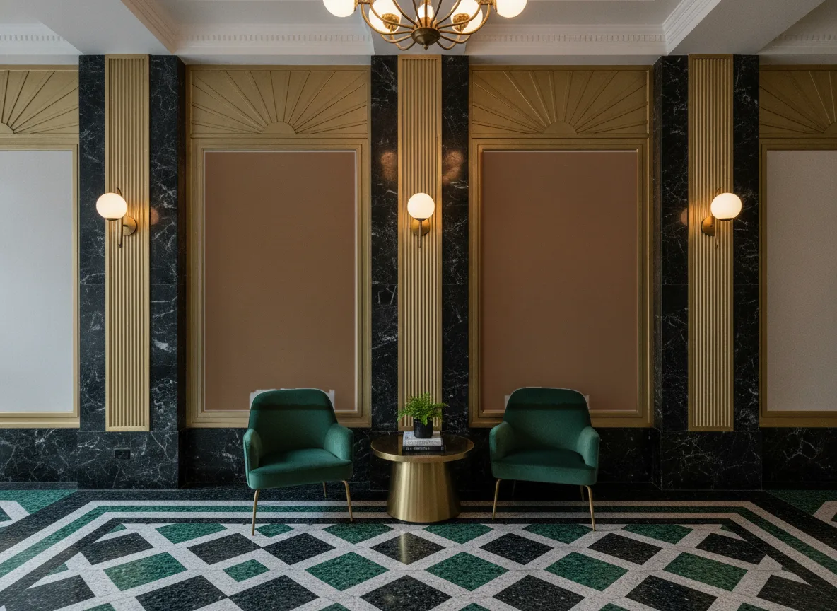 Minimalistyczna metaliczna — Lobby art deco — kwatery między mosiężnymi pilastrami