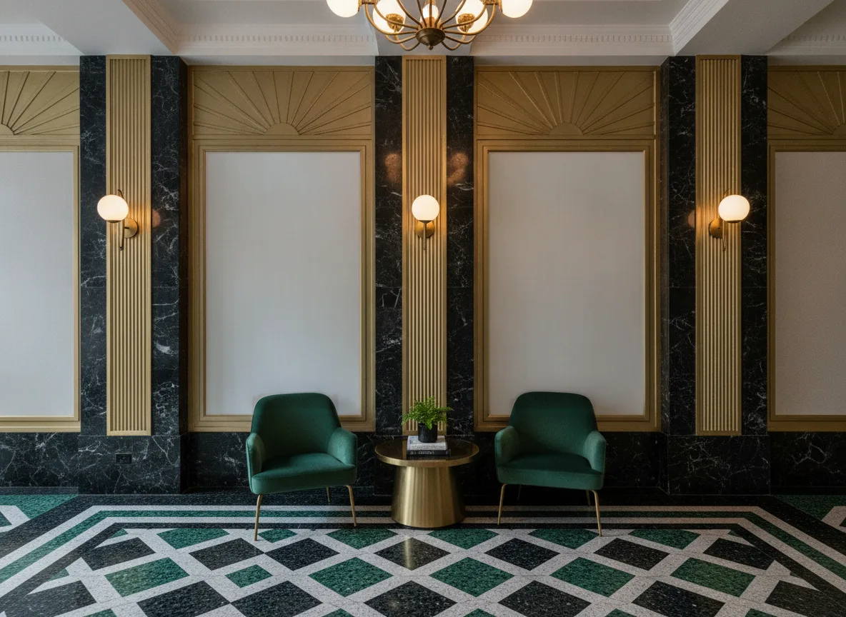 Pionowa struktura — Lobby art deco — kwatery między mosiężnymi pilastrami