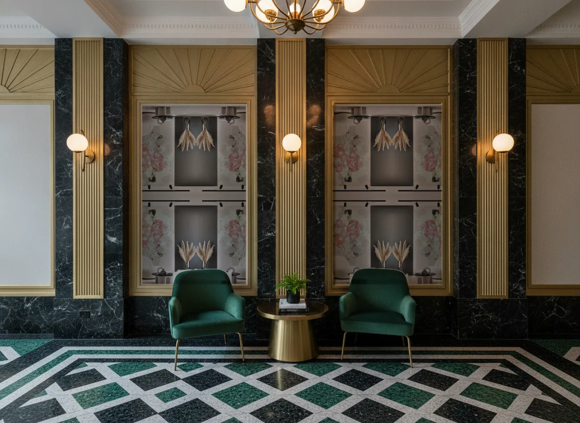 Portret kobiety — Lobby art deco — kwatery między mosiężnymi pilastrami