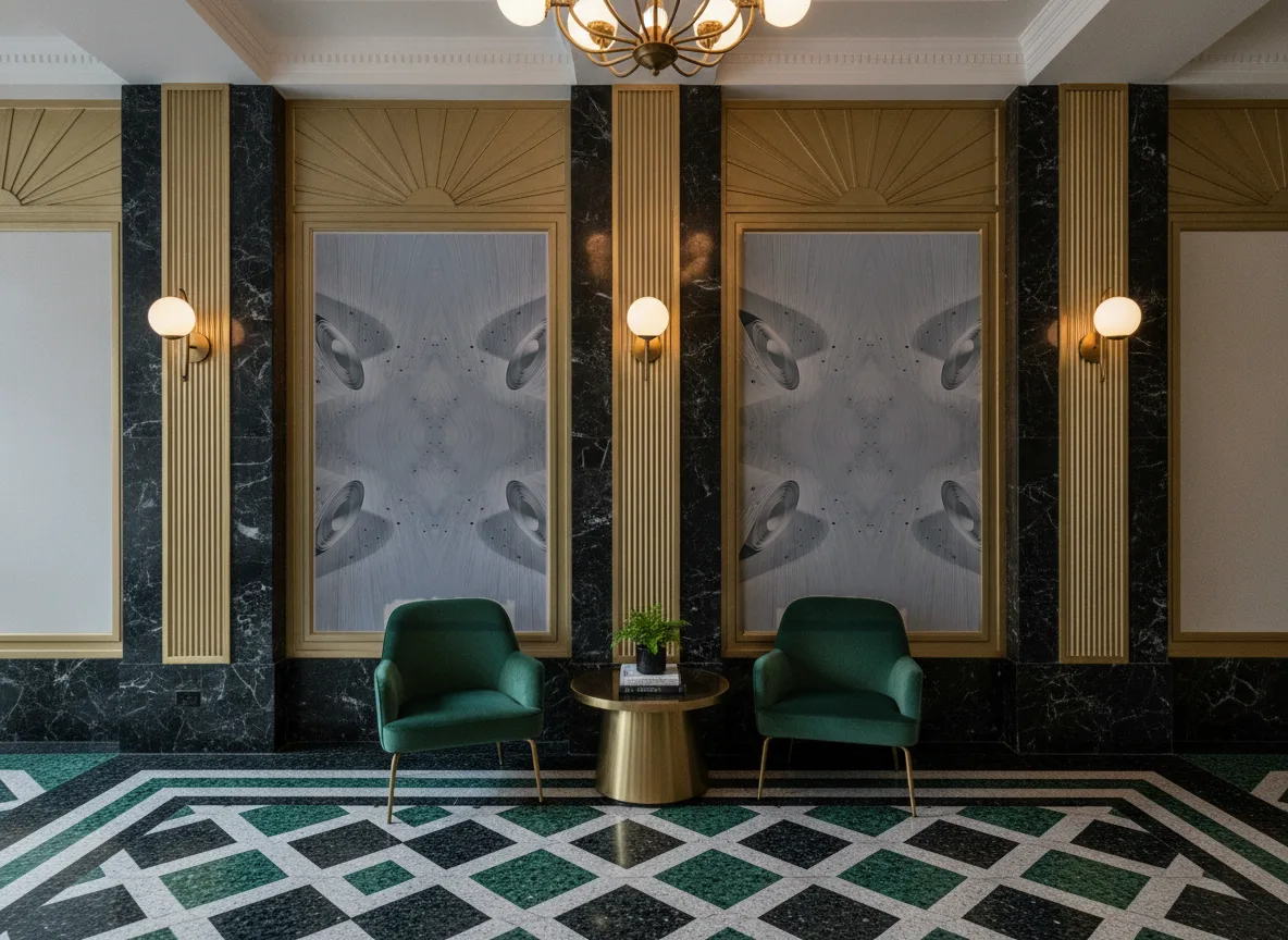 Świetliste smugi z kryształkami — Lobby art deco — kwatery między mosiężnymi pilastrami