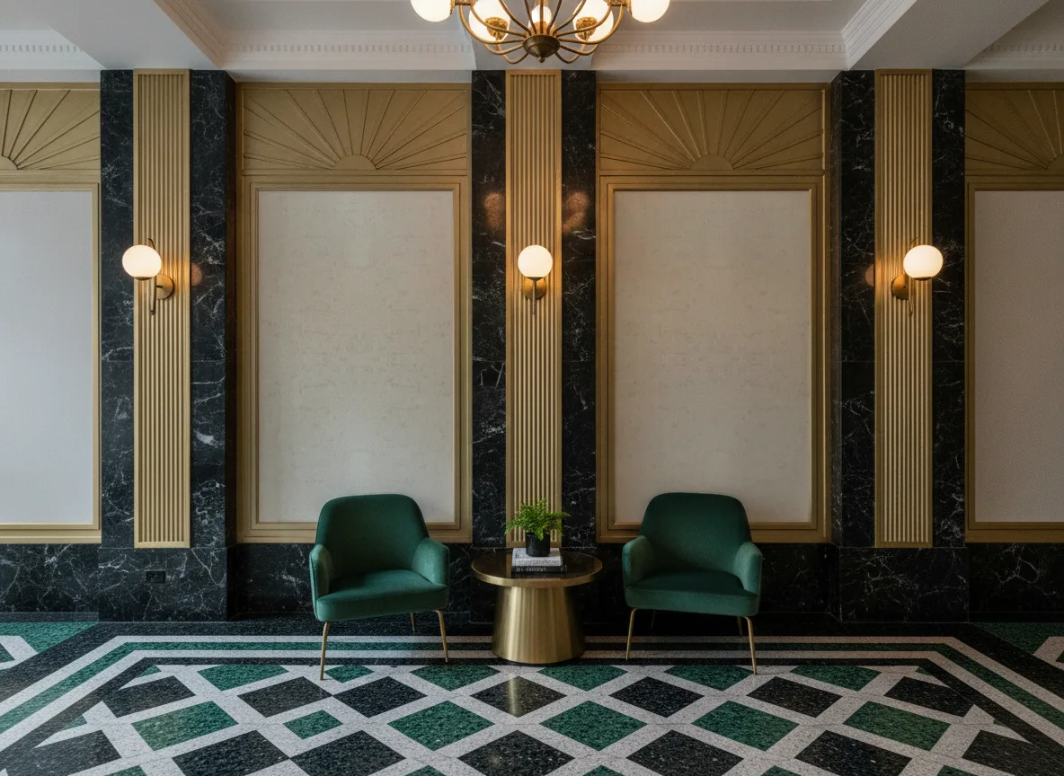 Alba — Lobby art deco — kwatery między mosiężnymi pilastrami