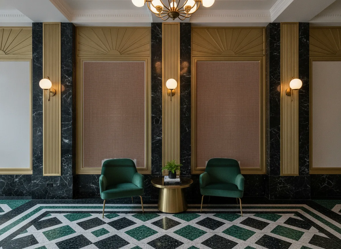 Bolton — Lobby art deco — kwatery między mosiężnymi pilastrami