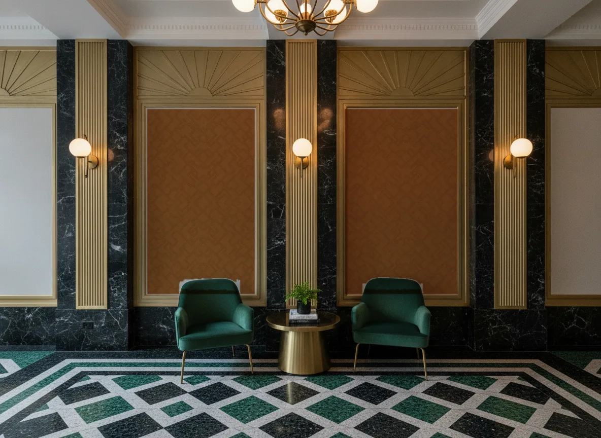 Dedale — Lobby art deco — kwatery między mosiężnymi pilastrami
