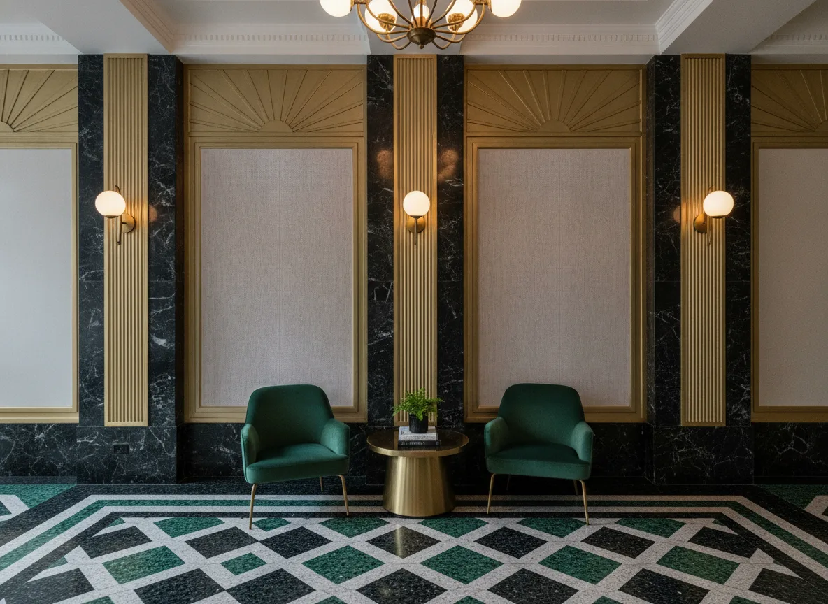 Dhaka — Lobby art deco — kwatery między mosiężnymi pilastrami