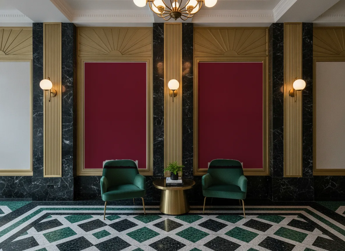 Eos Color 2 — Lobby art deco — kwatery między mosiężnymi pilastrami