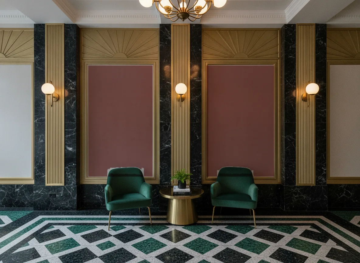 Eos Color 3 — Lobby art deco — kwatery między mosiężnymi pilastrami