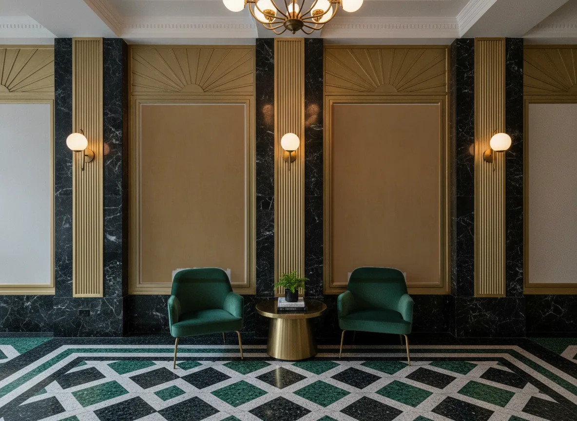 Fresco — Lobby art deco — kwatery między mosiężnymi pilastrami