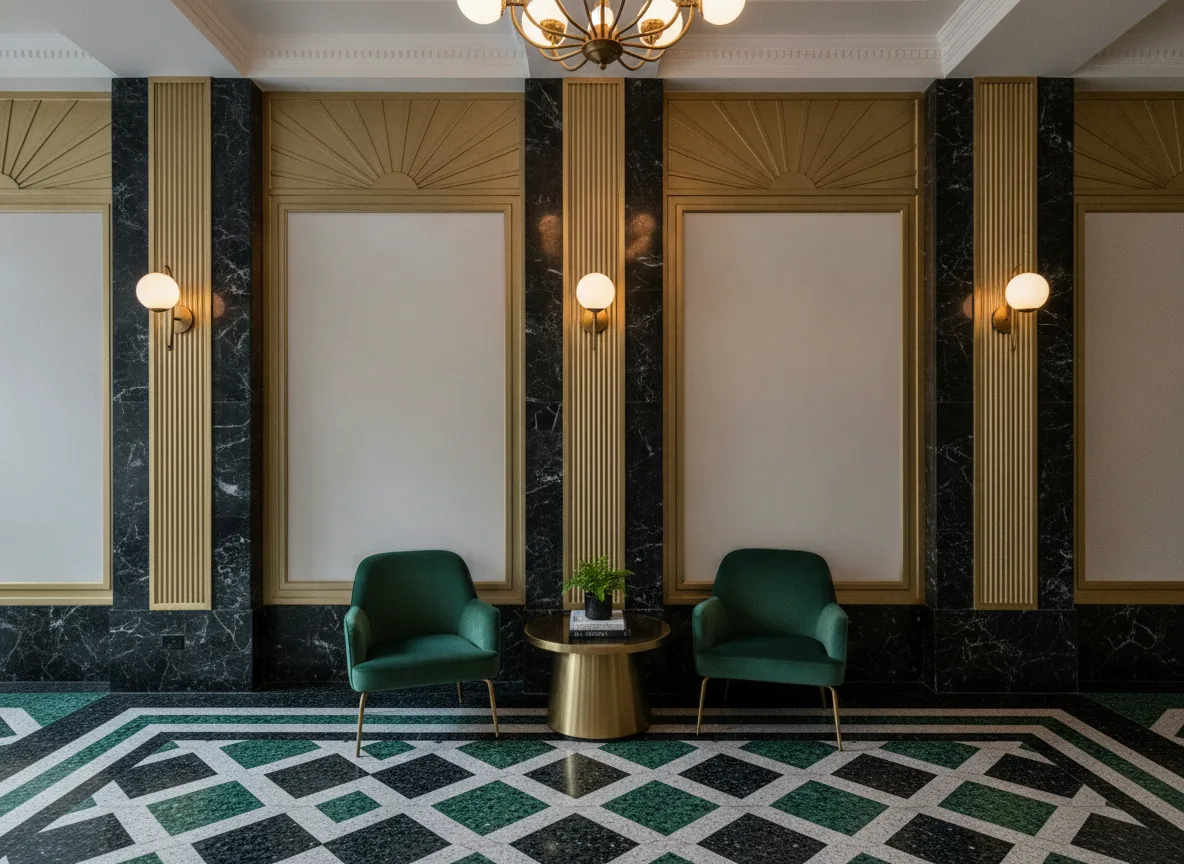 Lime — Lobby art deco — kwatery między mosiężnymi pilastrami