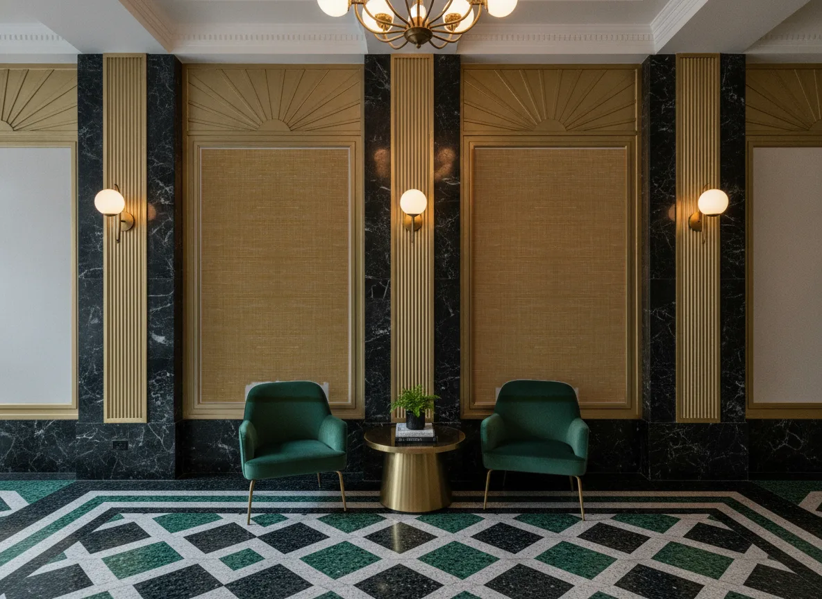 Lino — Lobby art deco — kwatery między mosiężnymi pilastrami