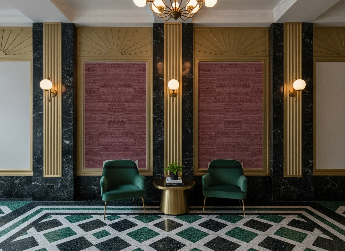 Madikeri — Lobby art deco — kwatery między mosiężnymi pilastrami