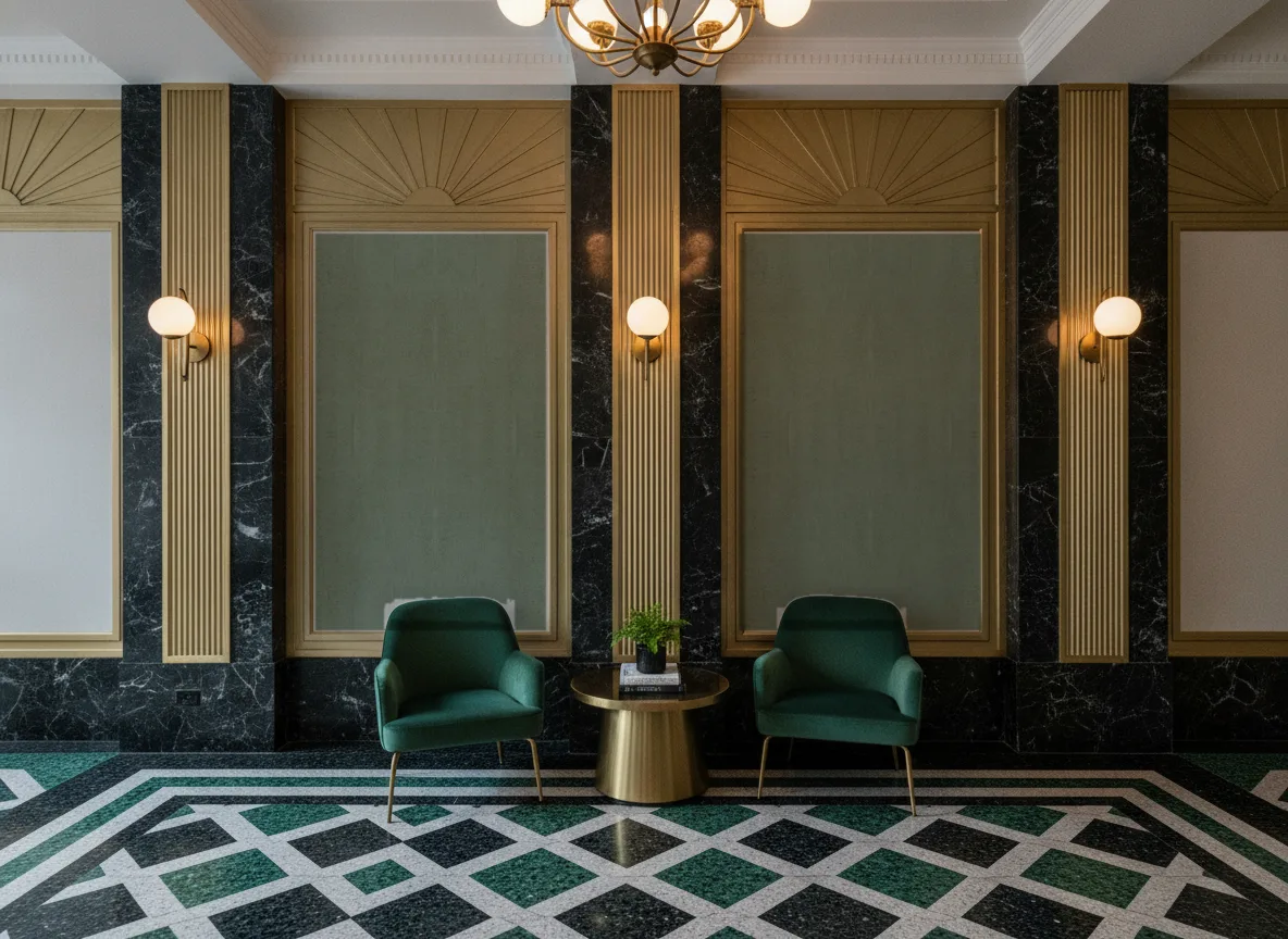 Origin — Lobby art deco — kwatery między mosiężnymi pilastrami