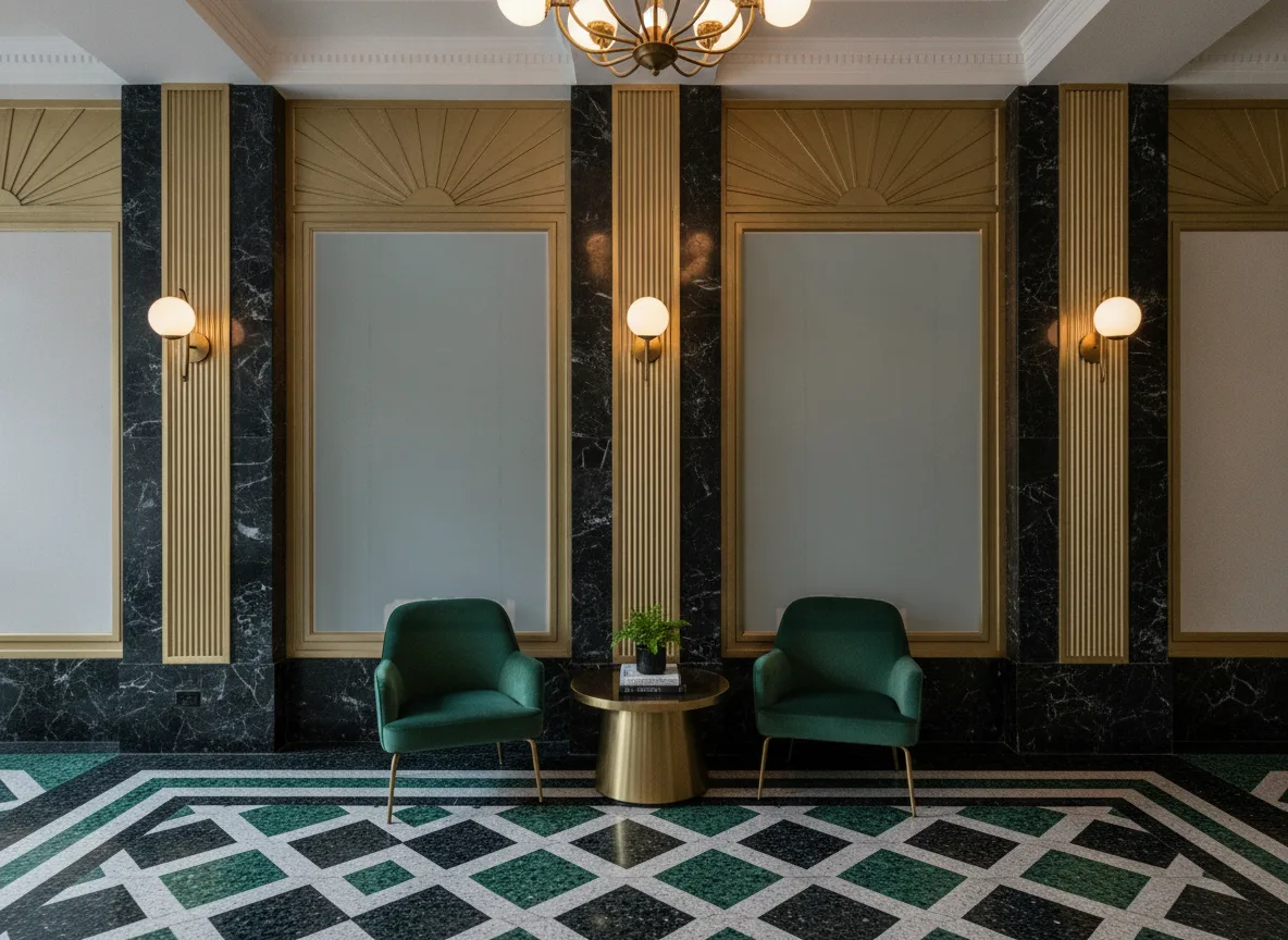 Polyform Eos Vertigo — Lobby art deco — kwatery między mosiężnymi pilastrami