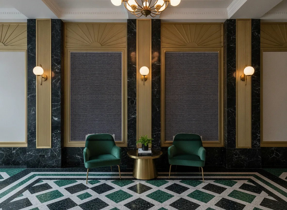 Soft 2 — Lobby art deco — kwatery między mosiężnymi pilastrami