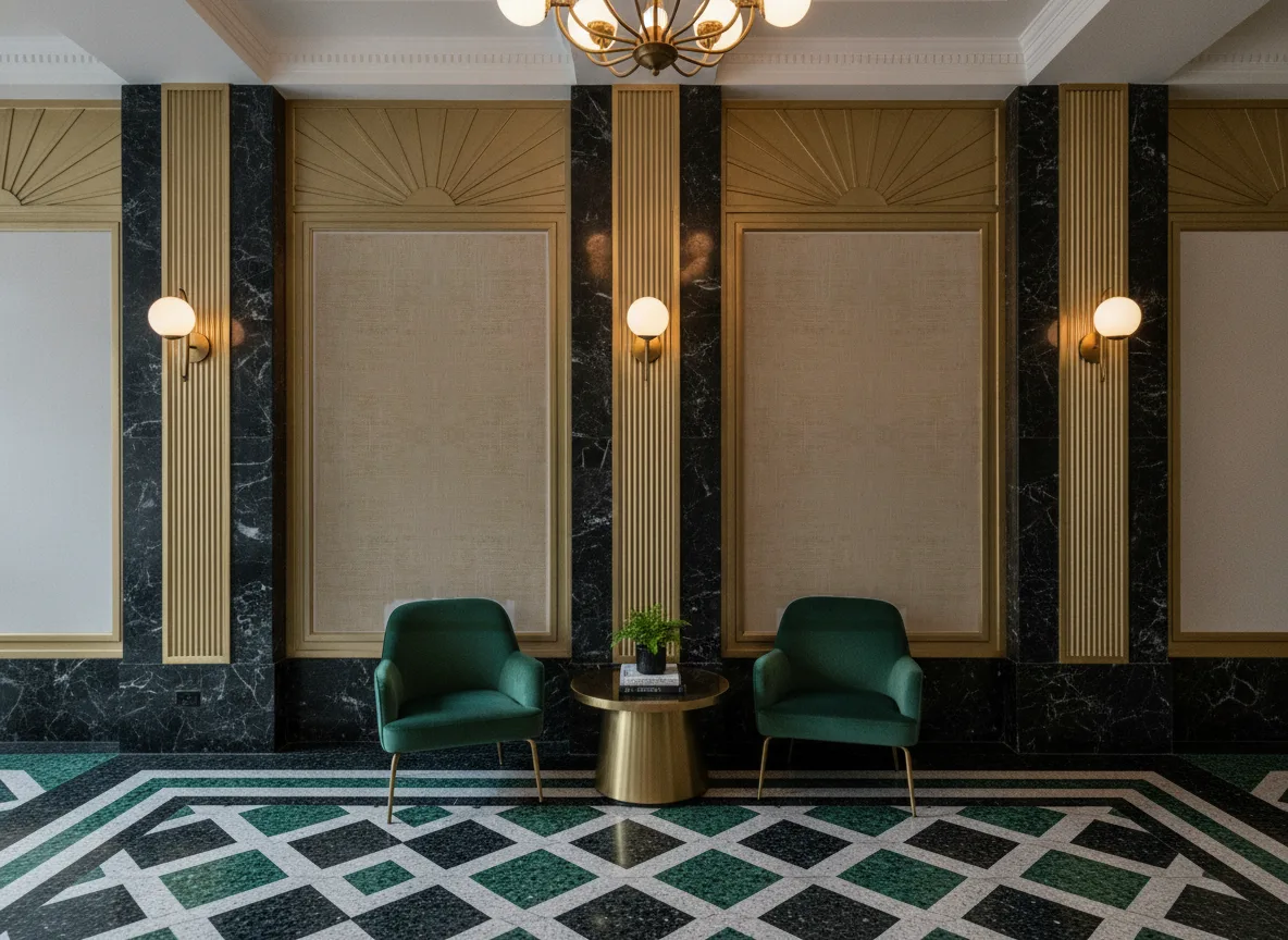 Velvet — Lobby art deco — kwatery między mosiężnymi pilastrami