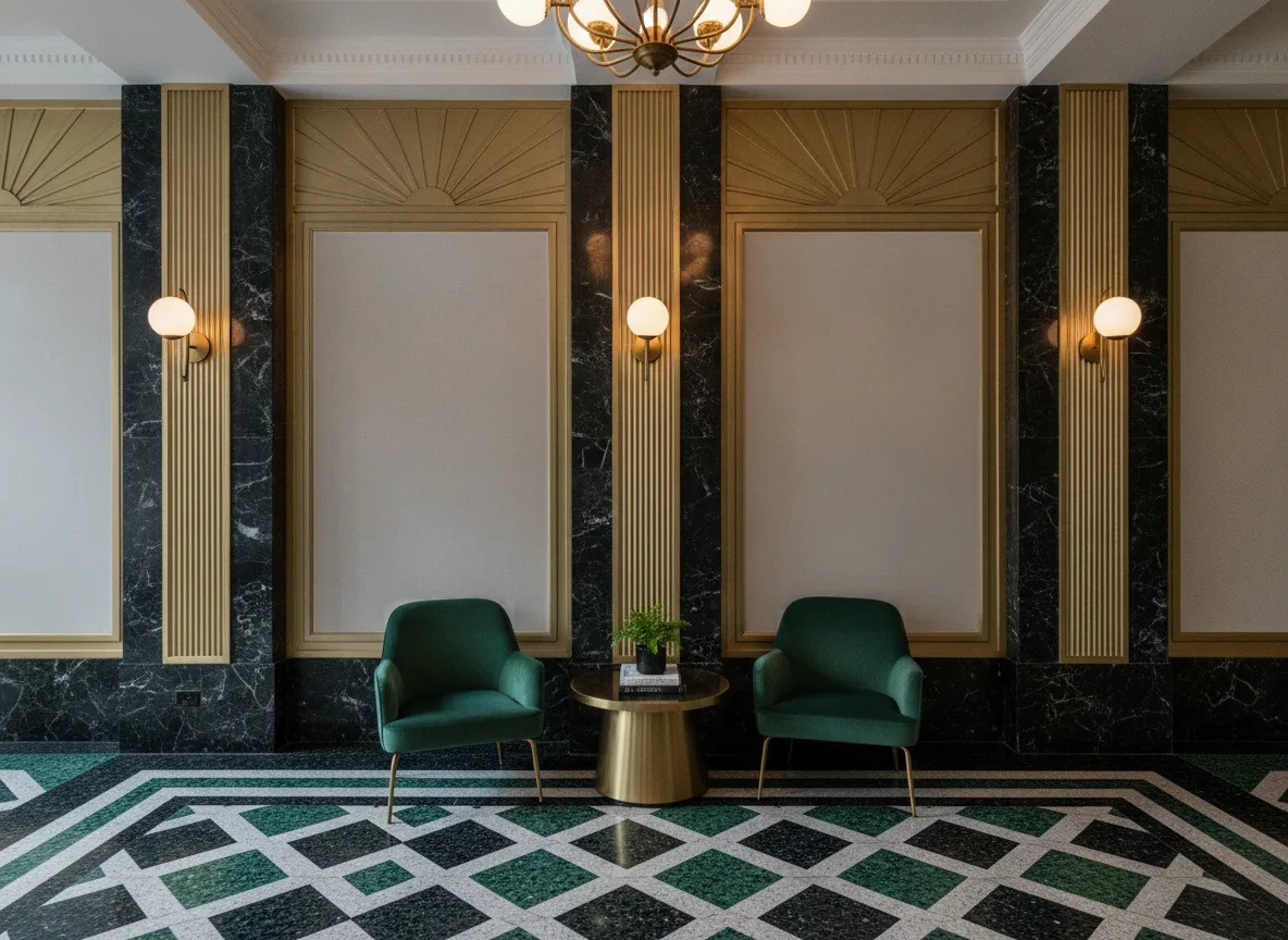 Vinacoustic Linen 2 — Lobby art deco — kwatery między mosiężnymi pilastrami