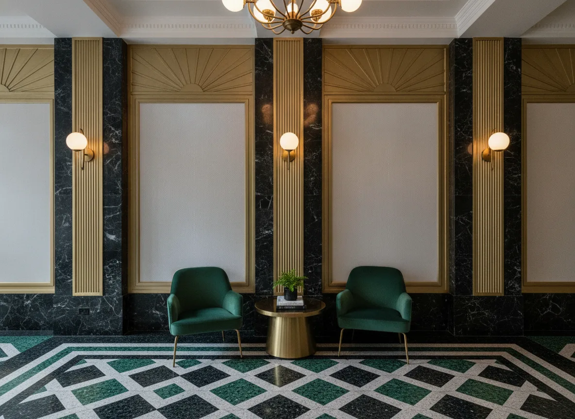 Tapeta obiektowa Cavo W-2992-109 — Lobby art deco — kwatery między mosiężnymi pilastrami