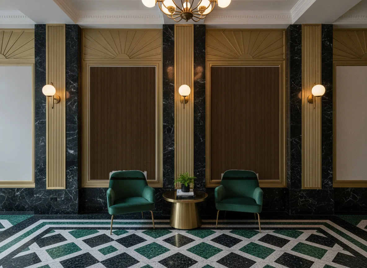 Tapeta obiektowa Cora W18 — Lobby art deco — kwatery między mosiężnymi pilastrami