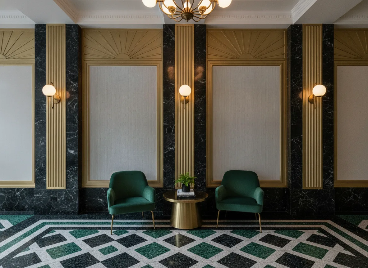 Tapeta obiektowa Eira Puro W-1892-107 — Lobby art deco — kwatery między mosiężnymi pilastrami