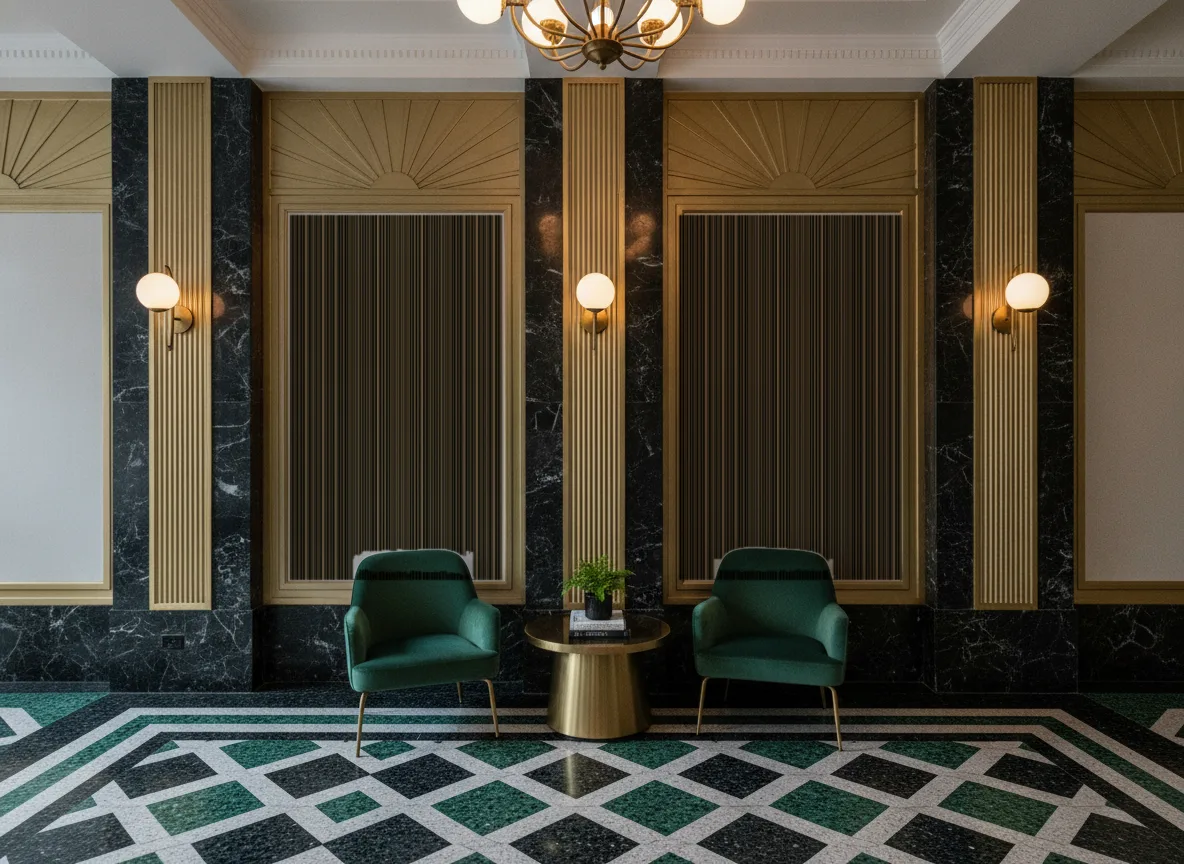 Tapeta obiektowa Harry Glossy W01 — Lobby art deco — kwatery między mosiężnymi pilastrami