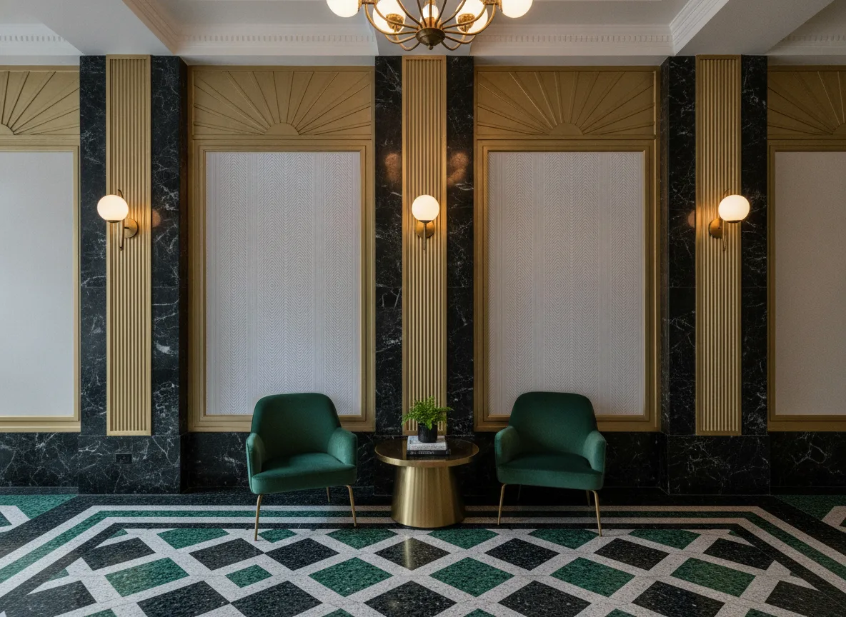Tapeta obiektowa Lana W-31426-103 — Lobby art deco — kwatery między mosiężnymi pilastrami
