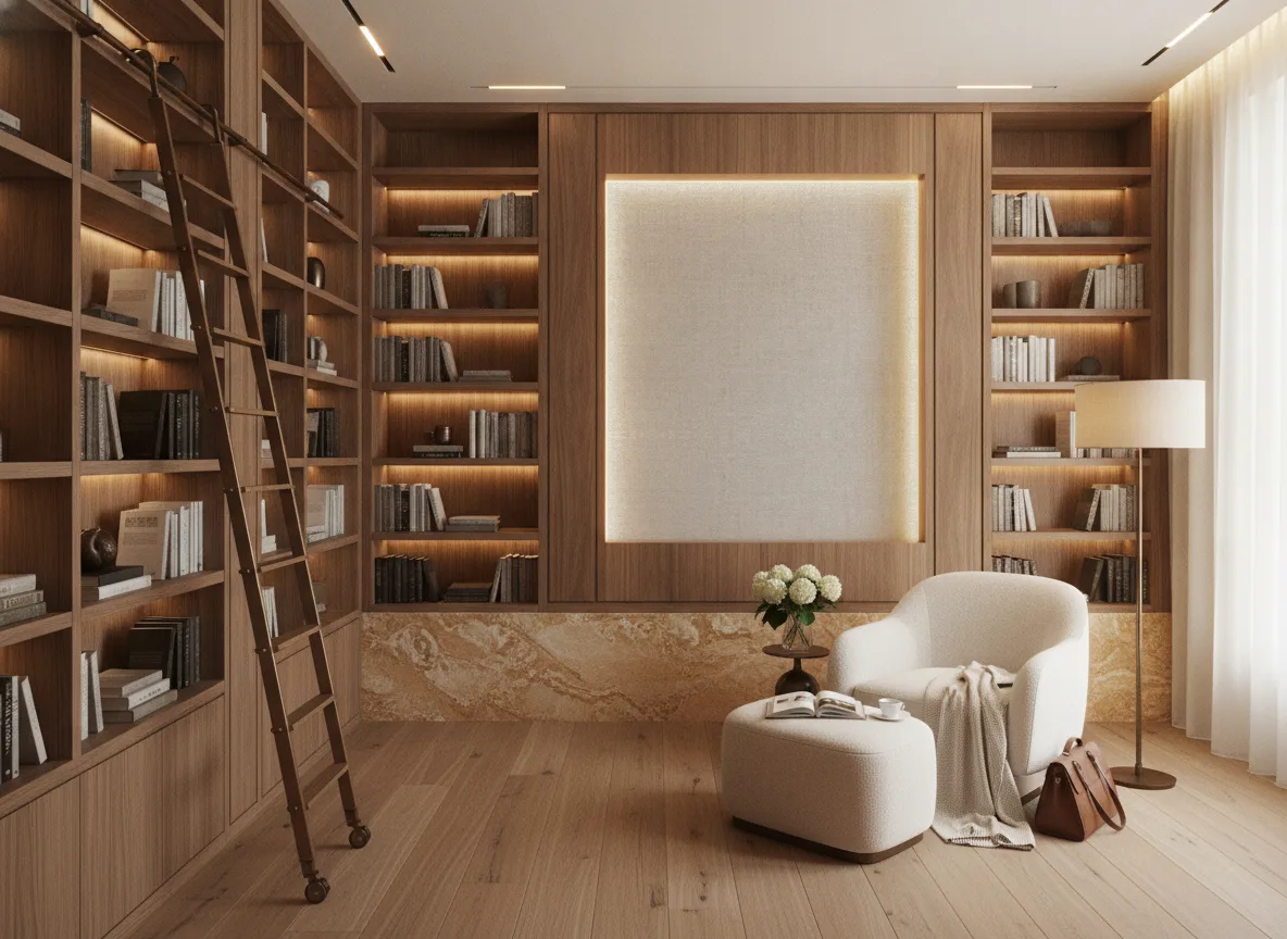 Exquis Etreinte — Biblioteka — podświetlone pole między regałami