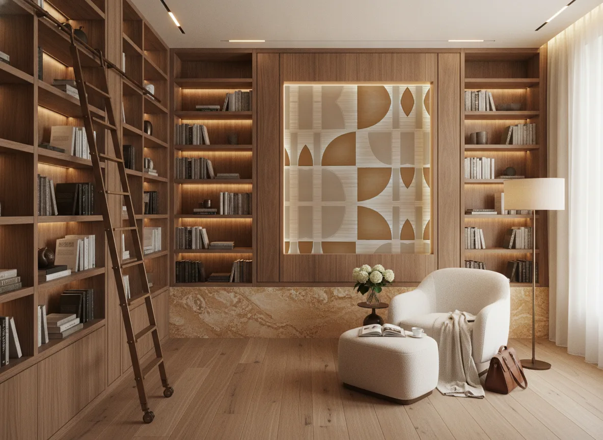 Hikari — Biblioteka — podświetlone pole między regałami