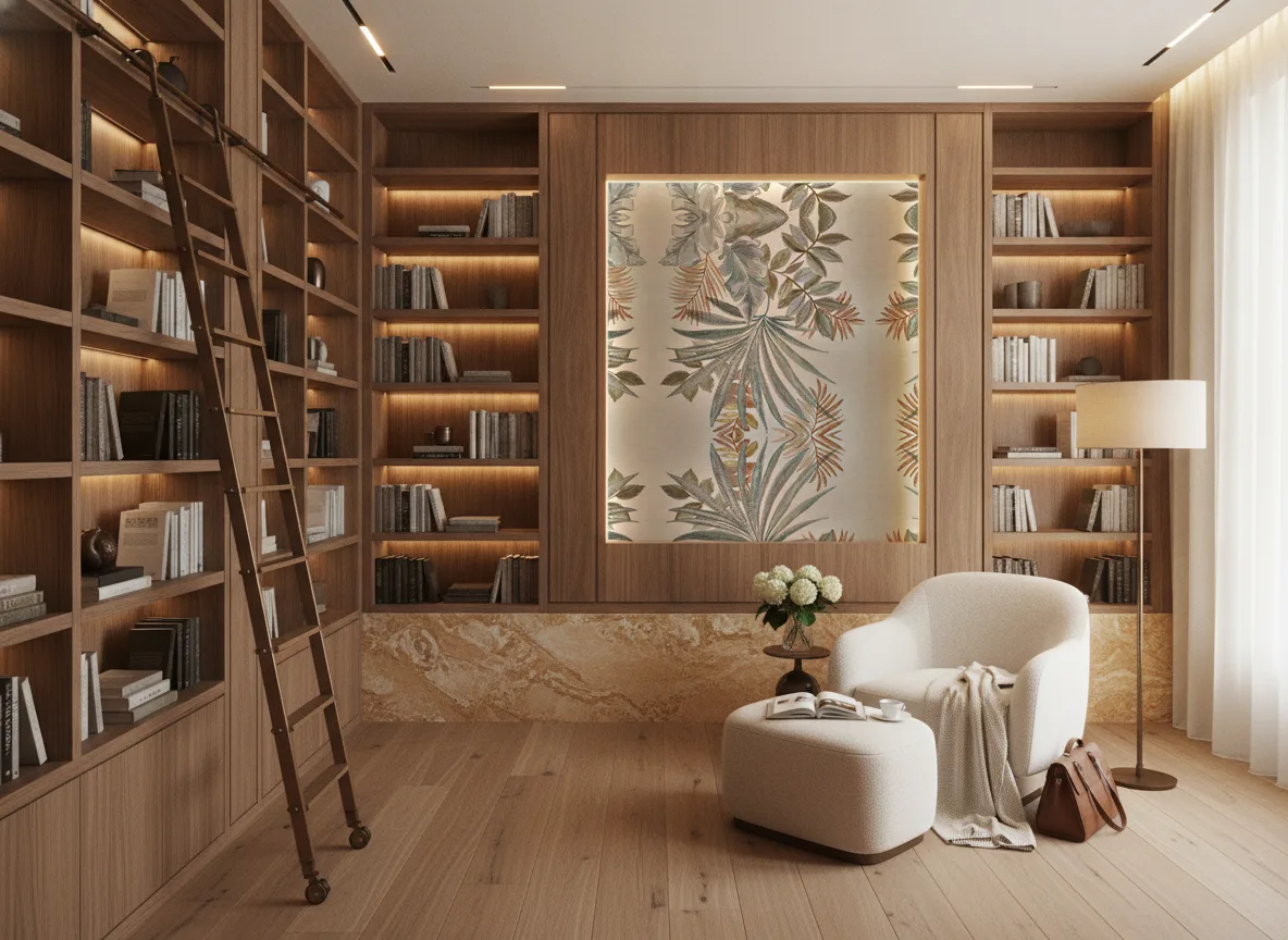 Jardin Ephemere — Biblioteka — podświetlone pole między regałami