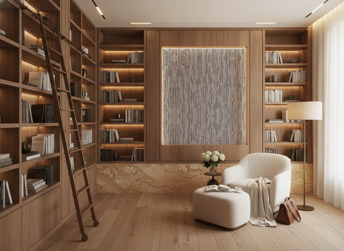 Lahna Le Velours — Biblioteka — podświetlone pole między regałami