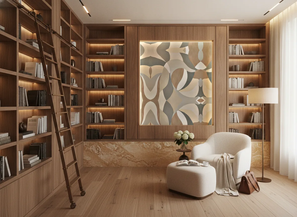 Mandorla — Biblioteka — podświetlone pole między regałami