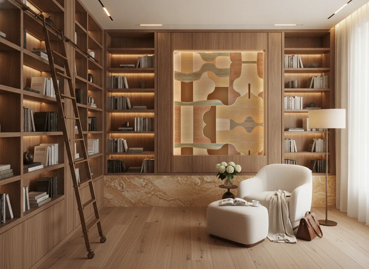Modernismo — Biblioteka — podświetlone pole między regałami