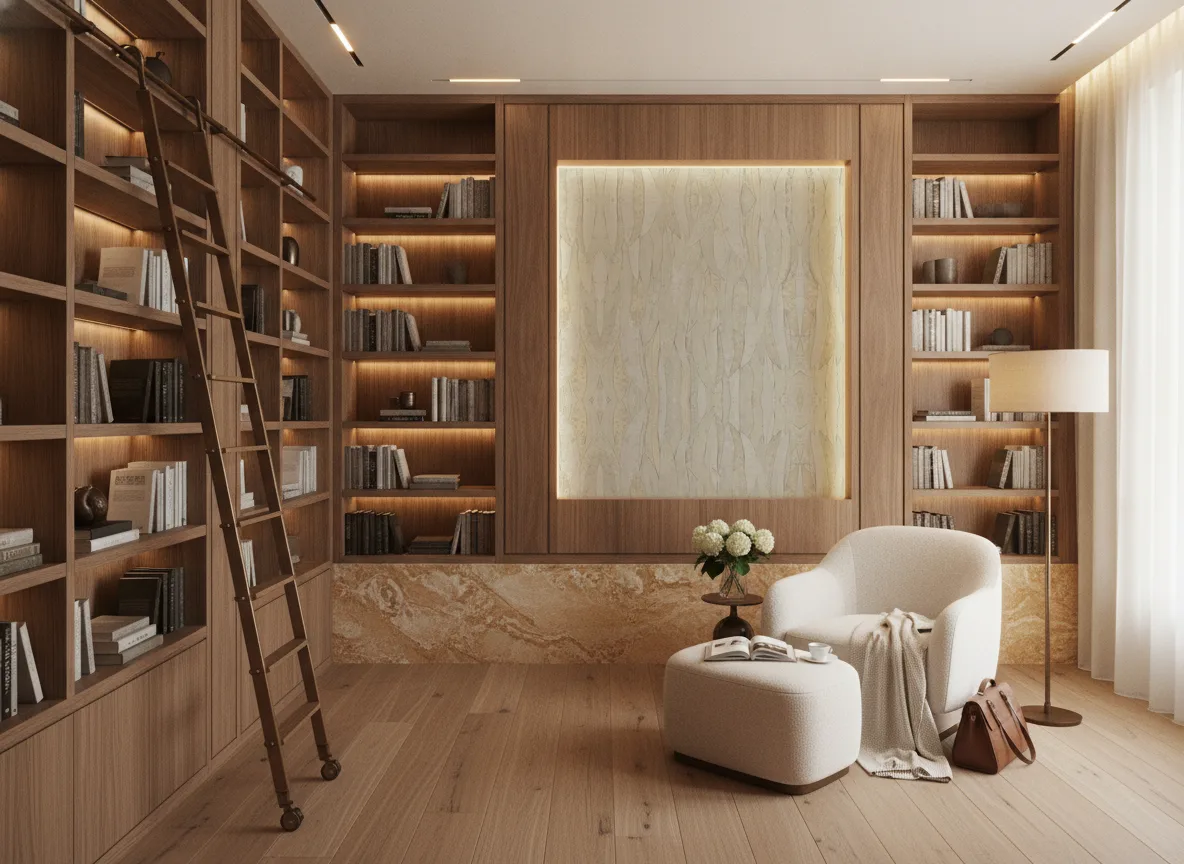Neluwa — Biblioteka — podświetlone pole między regałami