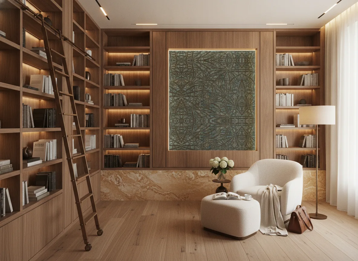 Palmyre — Biblioteka — podświetlone pole między regałami