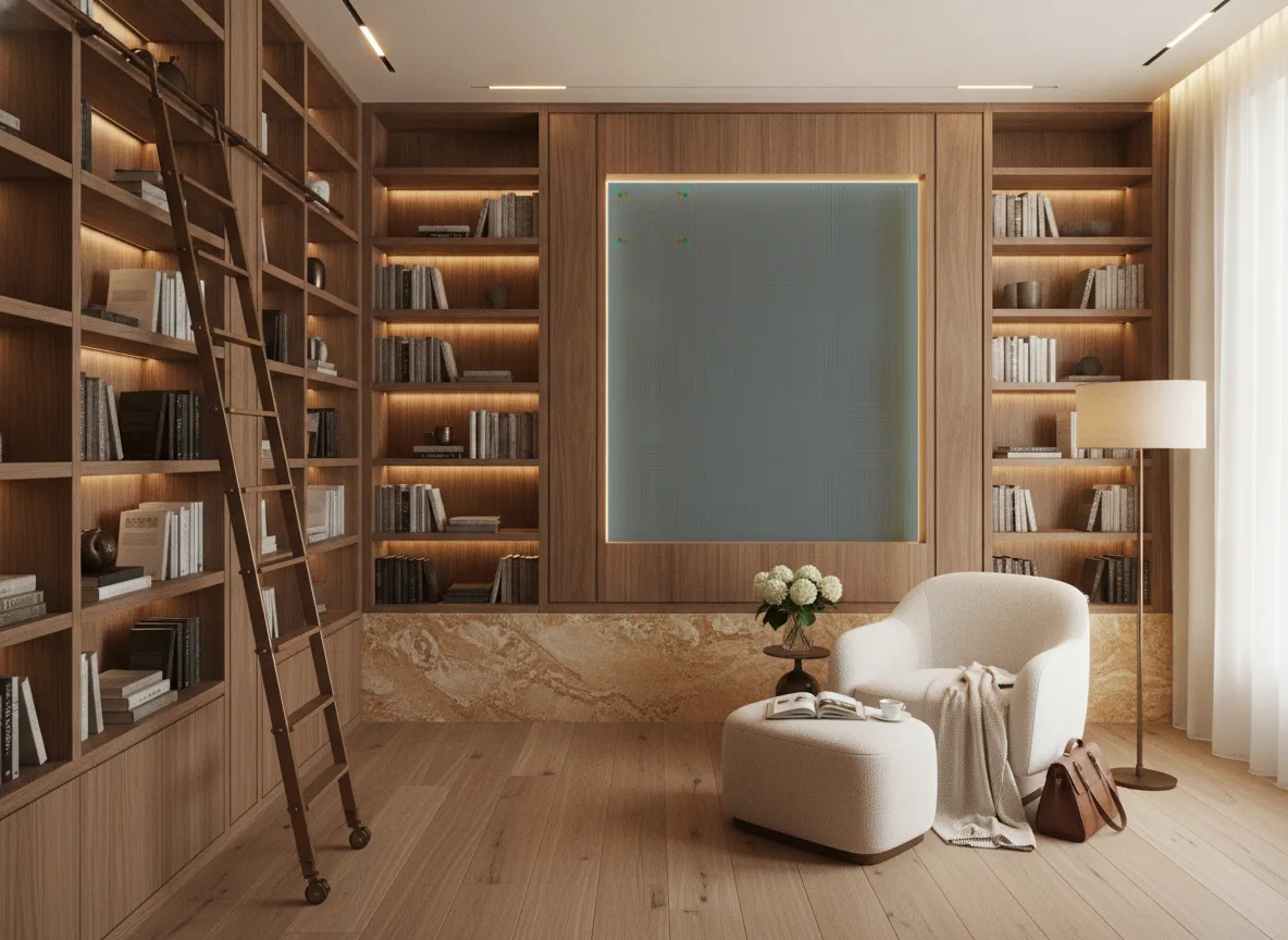 Prisme Delta — Biblioteka — podświetlone pole między regałami