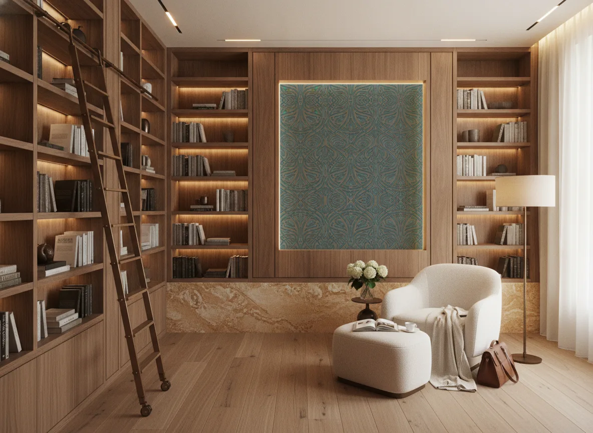 Rabat Mansour — Biblioteka — podświetlone pole między regałami