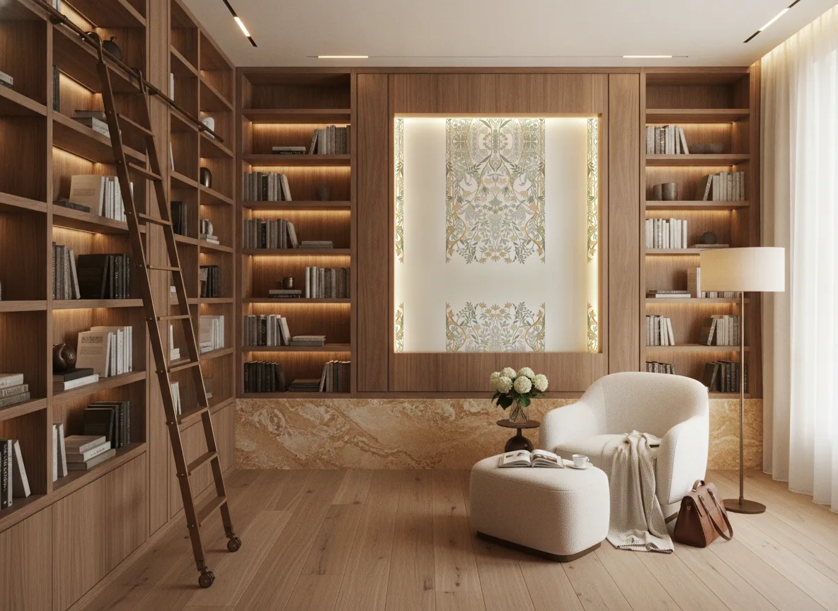 Salon Des Miroirs — Biblioteka — podświetlone pole między regałami