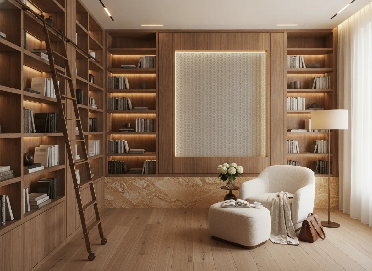 Trenza — Biblioteka — podświetlone pole między regałami
