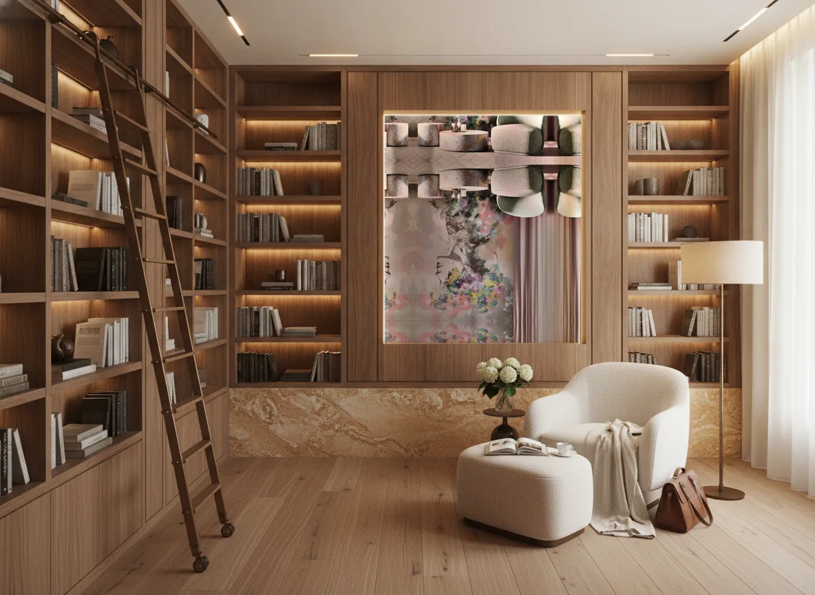 Akwarelowy portret kobiety — Biblioteka — podświetlone pole między regałami