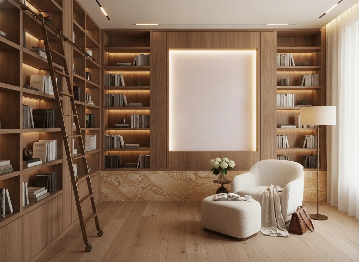 Minimalistyczna — Biblioteka — podświetlone pole między regałami