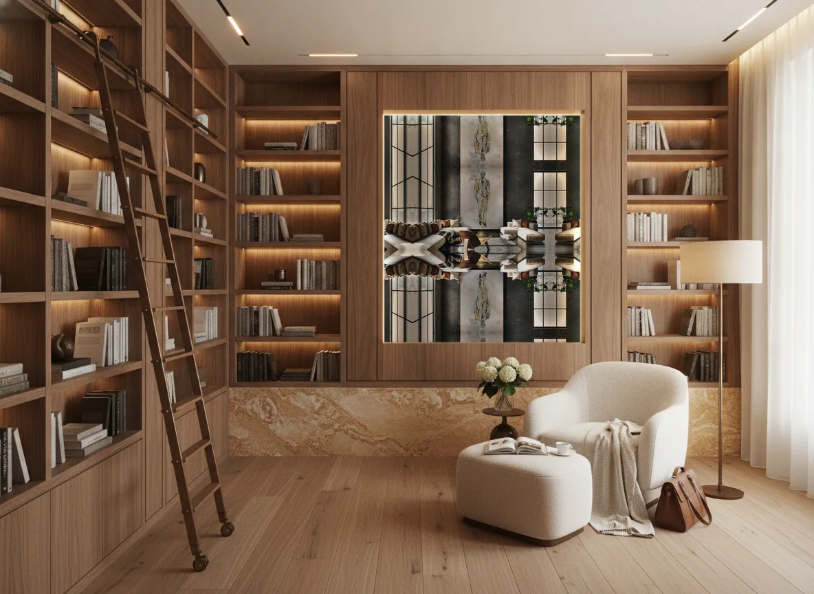 Portret mężczyzny — Biblioteka — podświetlone pole między regałami