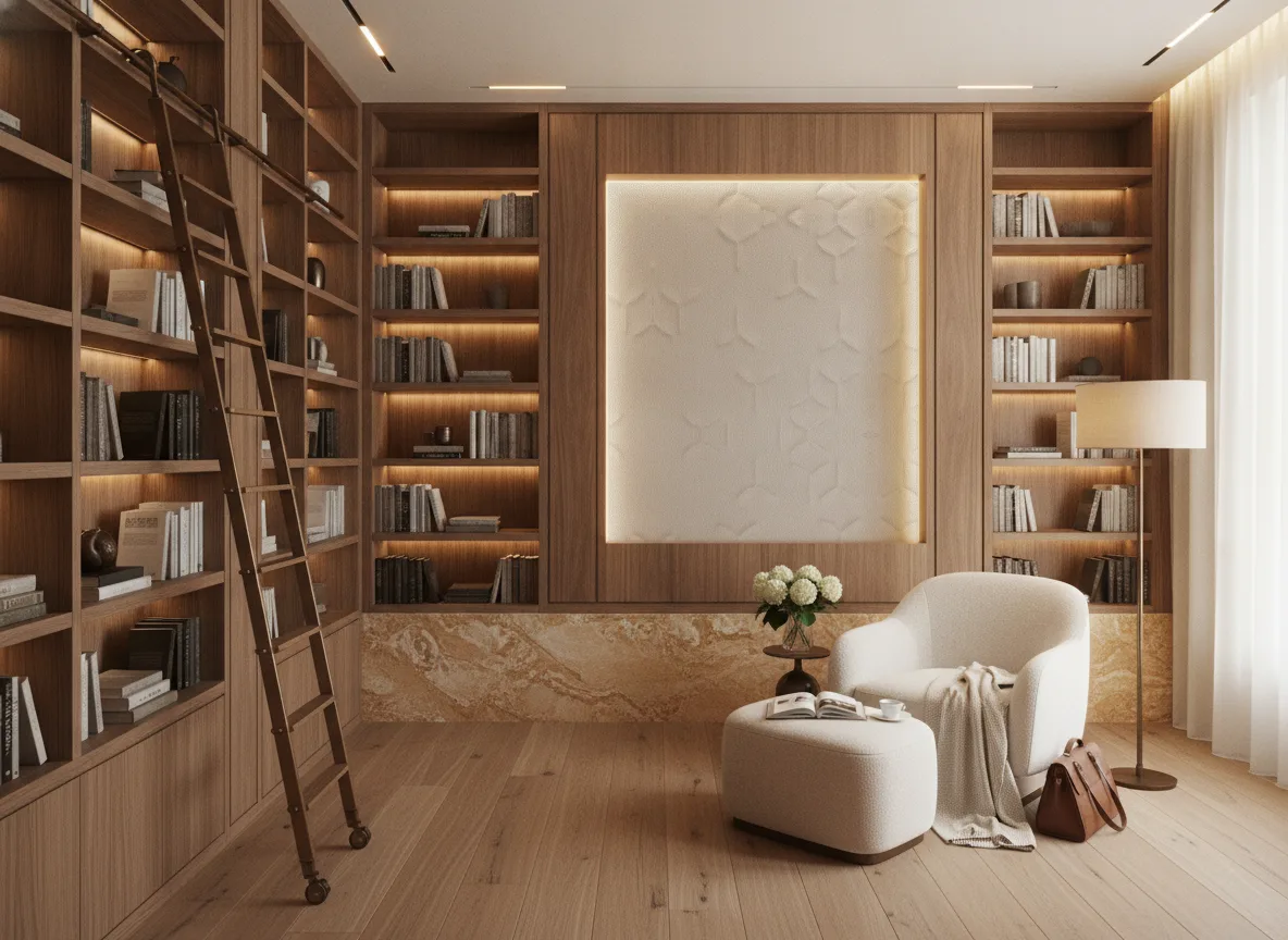 Polyform Vinacoustic Eole — Biblioteka — podświetlone pole między regałami