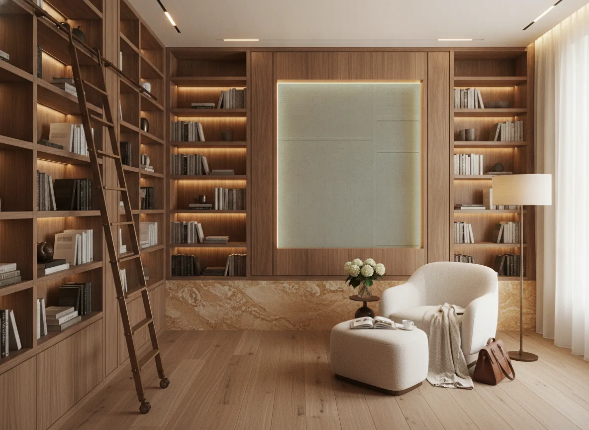 Polyform Vinacoustic Kent — Biblioteka — podświetlone pole między regałami