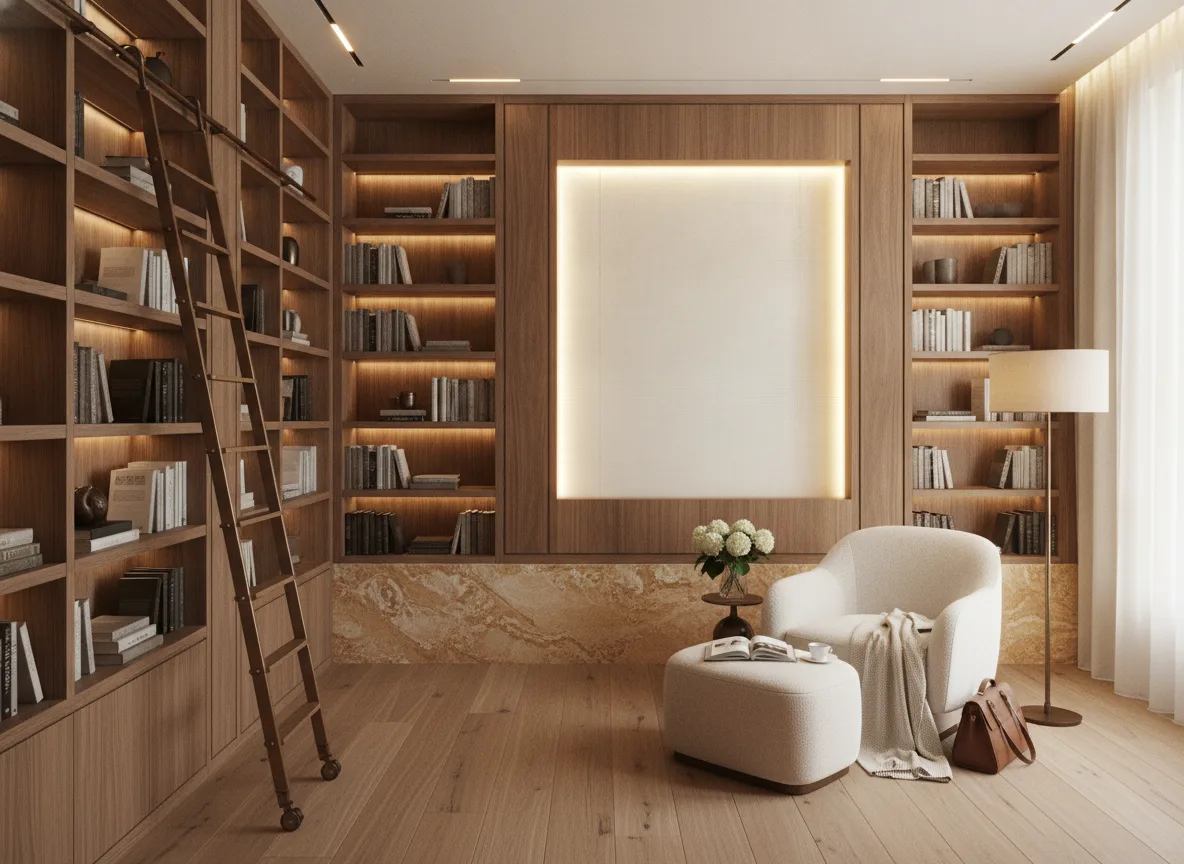 Vinacoustic Abaca — Biblioteka — podświetlone pole między regałami