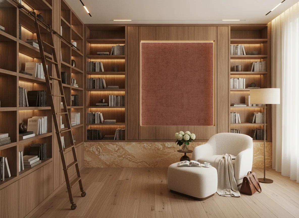 Vinacoustic Bellano — Biblioteka — podświetlone pole między regałami