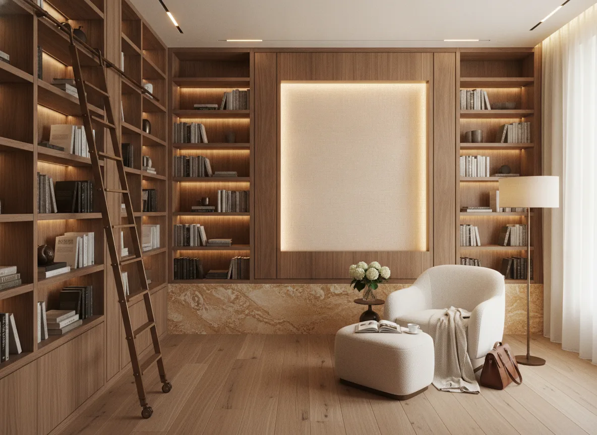 Vinacoustic Linen 3 — Biblioteka — podświetlone pole między regałami