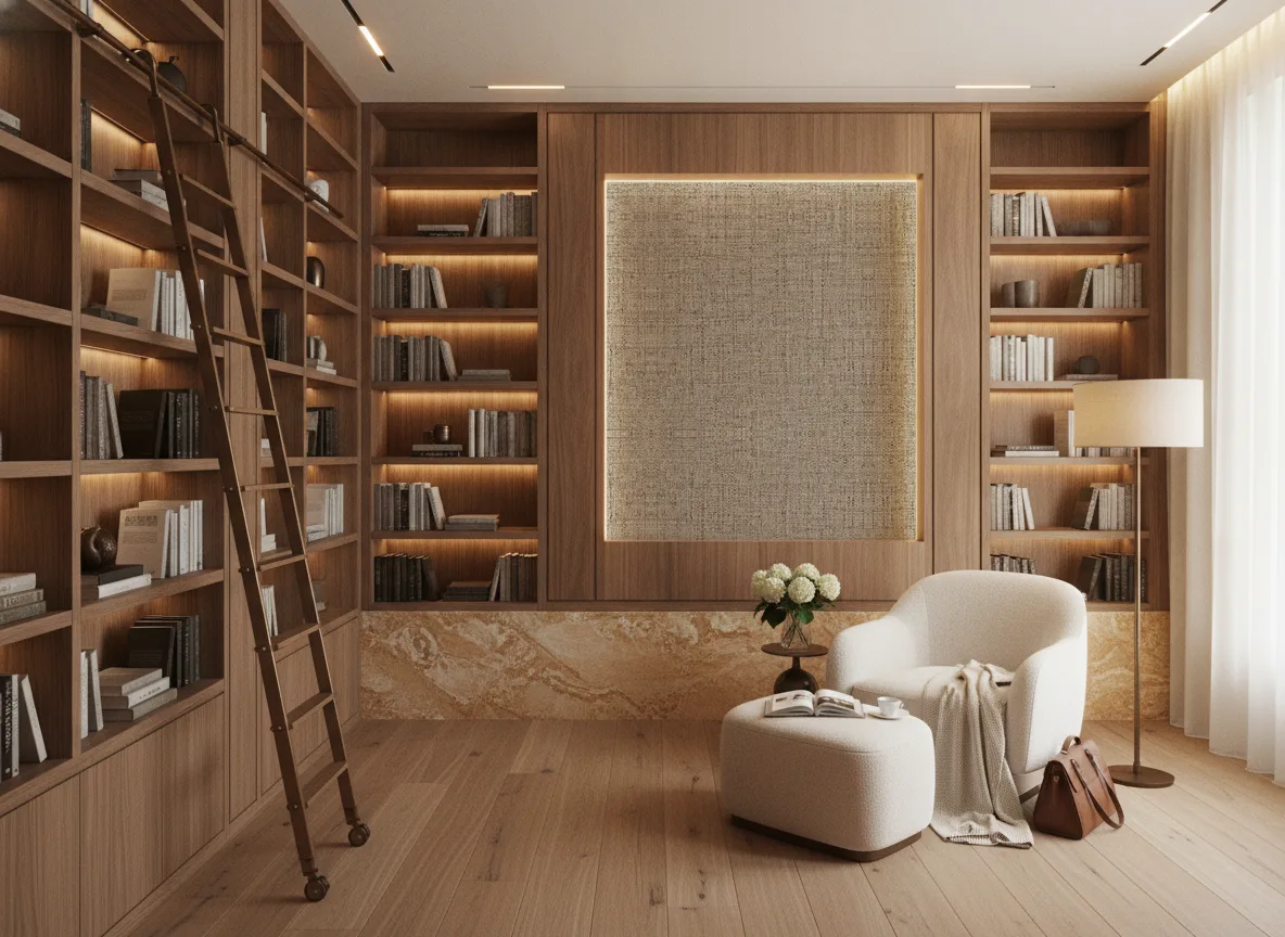 Vinacoustic Melia — Biblioteka — podświetlone pole między regałami