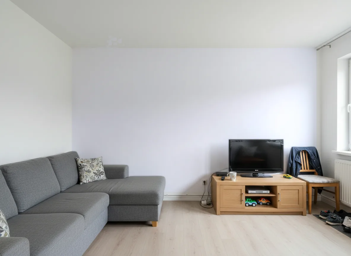 Minimalistyczna — Salon w bloku — ściana za sofą