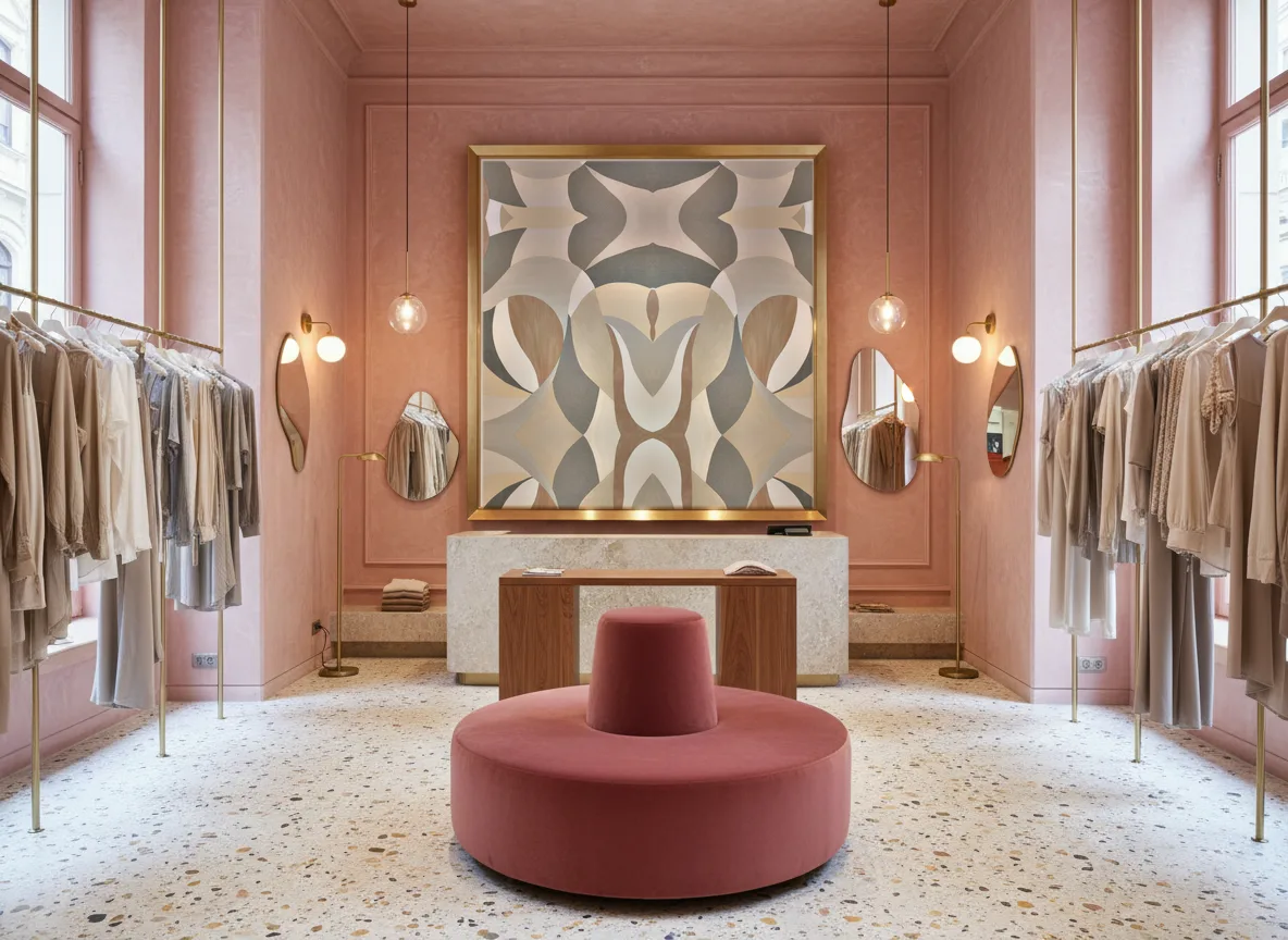 Mandorla — Różowy butik — pole w mosiężnej ramie